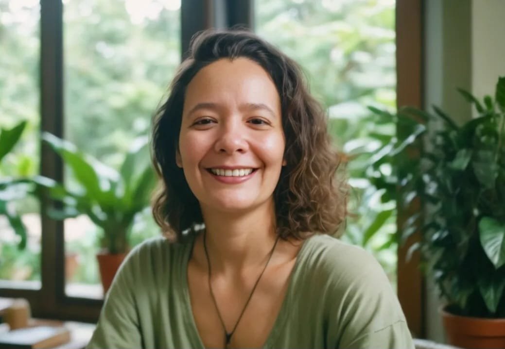 Suelen Trindade sorrindo em ambiente com plantas